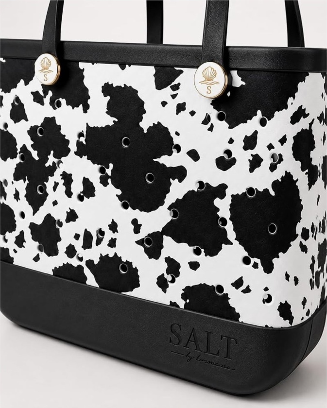 Close-up of Cow Print EVA tote and shell buttons