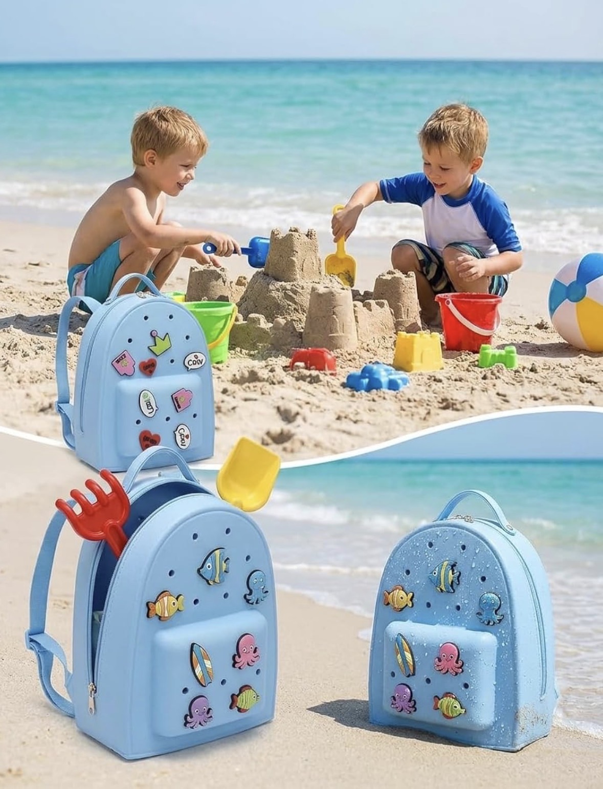 Blue EVA kids backpack at the beach